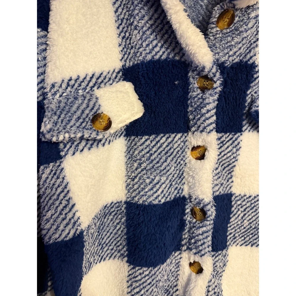 Womens Plaid Sherpa Fleece Shacket‎ Jacket Oversized Blue White XL - Picture 3 of 7